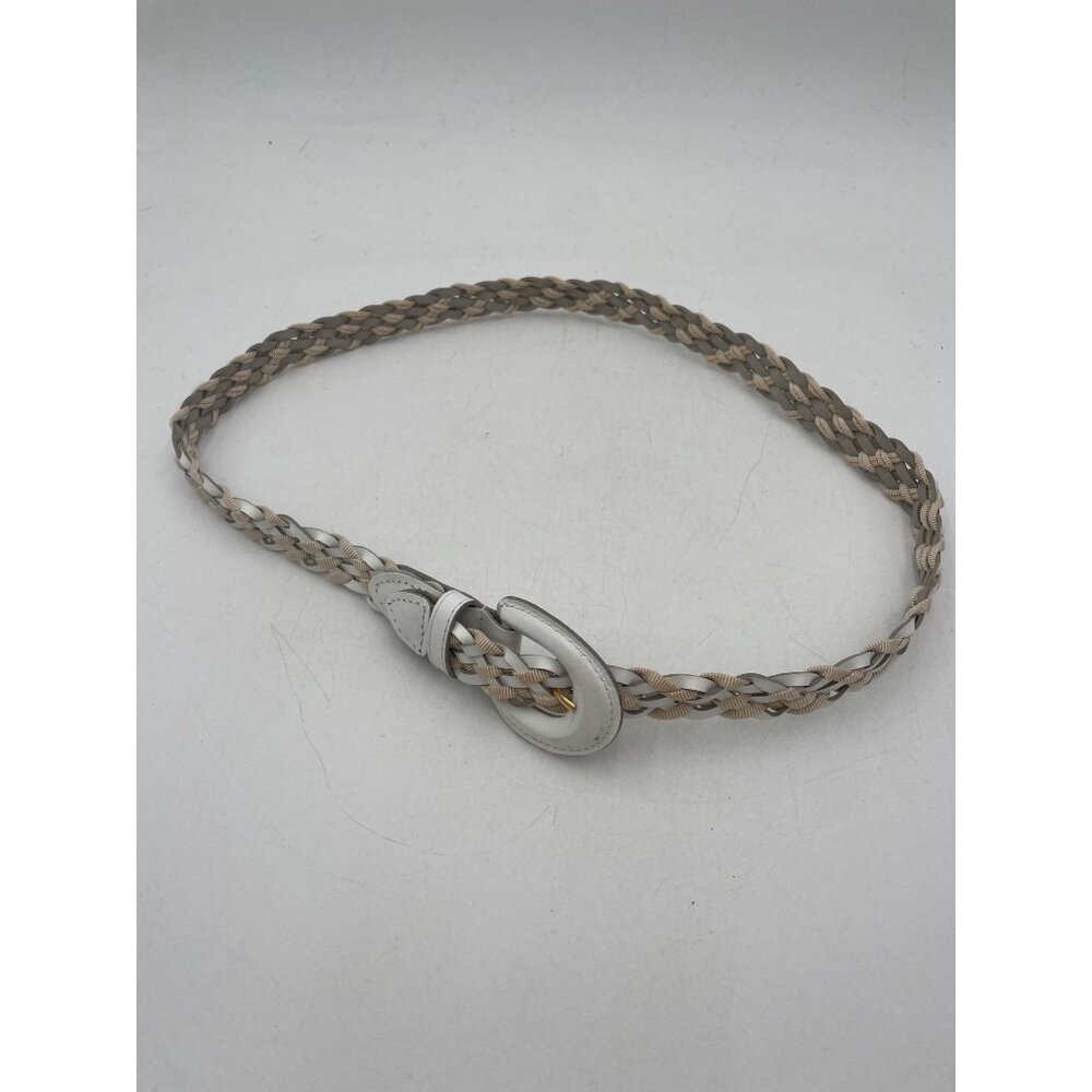 Braided Genuine Bonded Leather Belt With White & Beige Woven Design - Size M - Picture 2 of 4